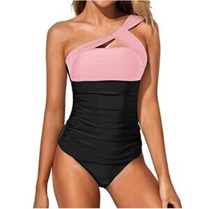 Tempt Me Womens One Shoulder Tummy Control Tankini Swimsuit Top & Bottoms Size L